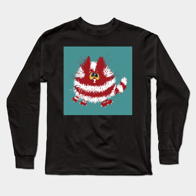 Funny Red and White Fluffy Cat on Turquoise Background Long Sleeve T-Shirt by NattyDesigns